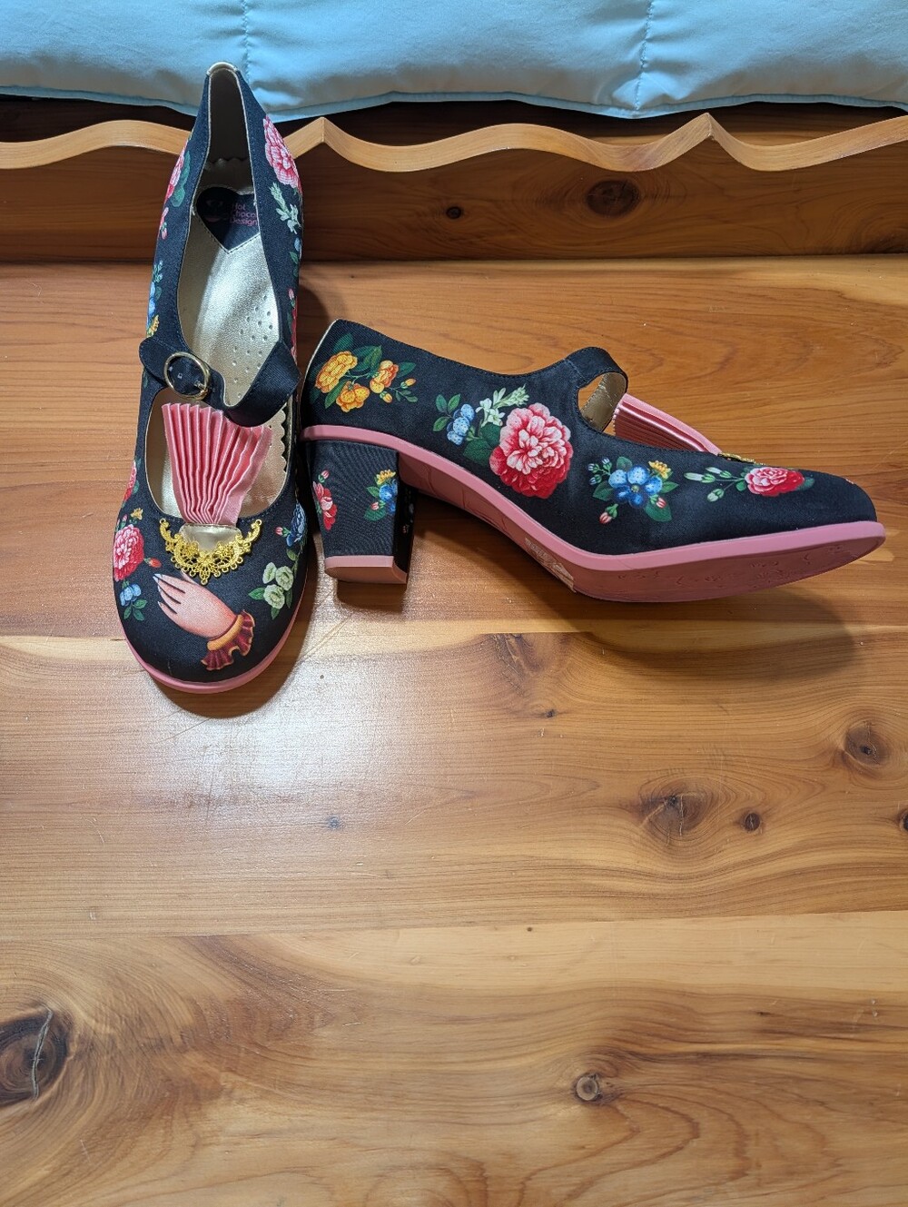 Hot Chocolate Design Black Floral Mary Jane Heels with Pink Tassel Accent - Picture 2 of 6